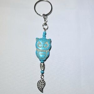 Turquoise Owl Charm With Silver Leaf Charm  Keyring Handmade